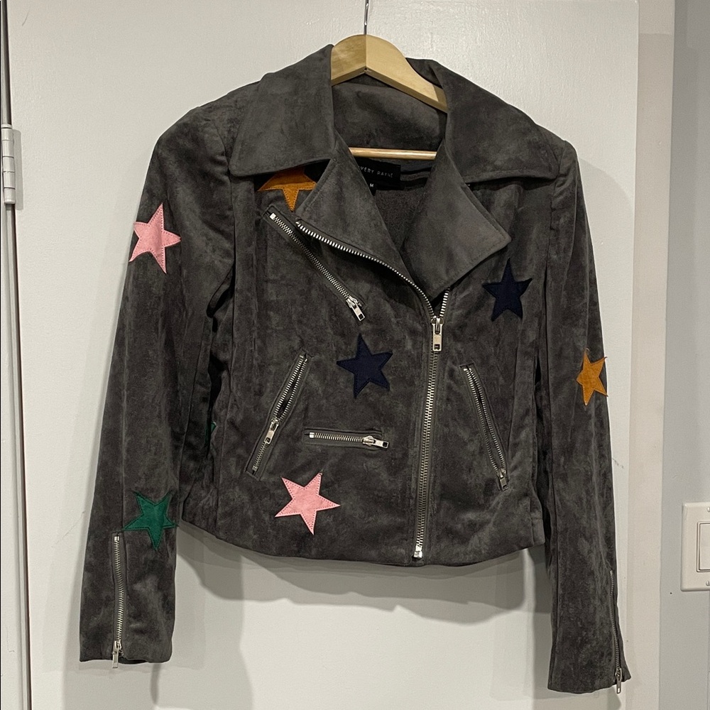 Star-Embellished Gray Bomber Jacket